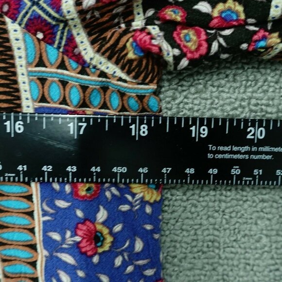 American Eagle Boho Blouse Women Medium Blue Black Floral Stripe Short Sleeve - Picture 3 of 4